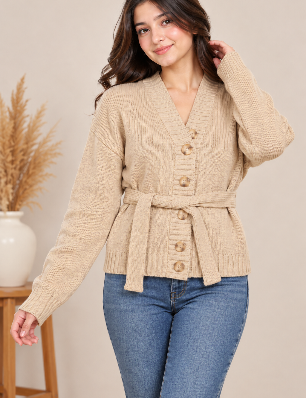 ASOS women’s beige belted knit cardigan in UK Size S. Stylish V-neck, button-front design with long sleeves and tie waist. 4-star rated.