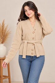 ASOS women’s beige belted knit cardigan in UK Size S. Stylish V-neck, button-front design with long sleeves and tie waist. 4-star rated.