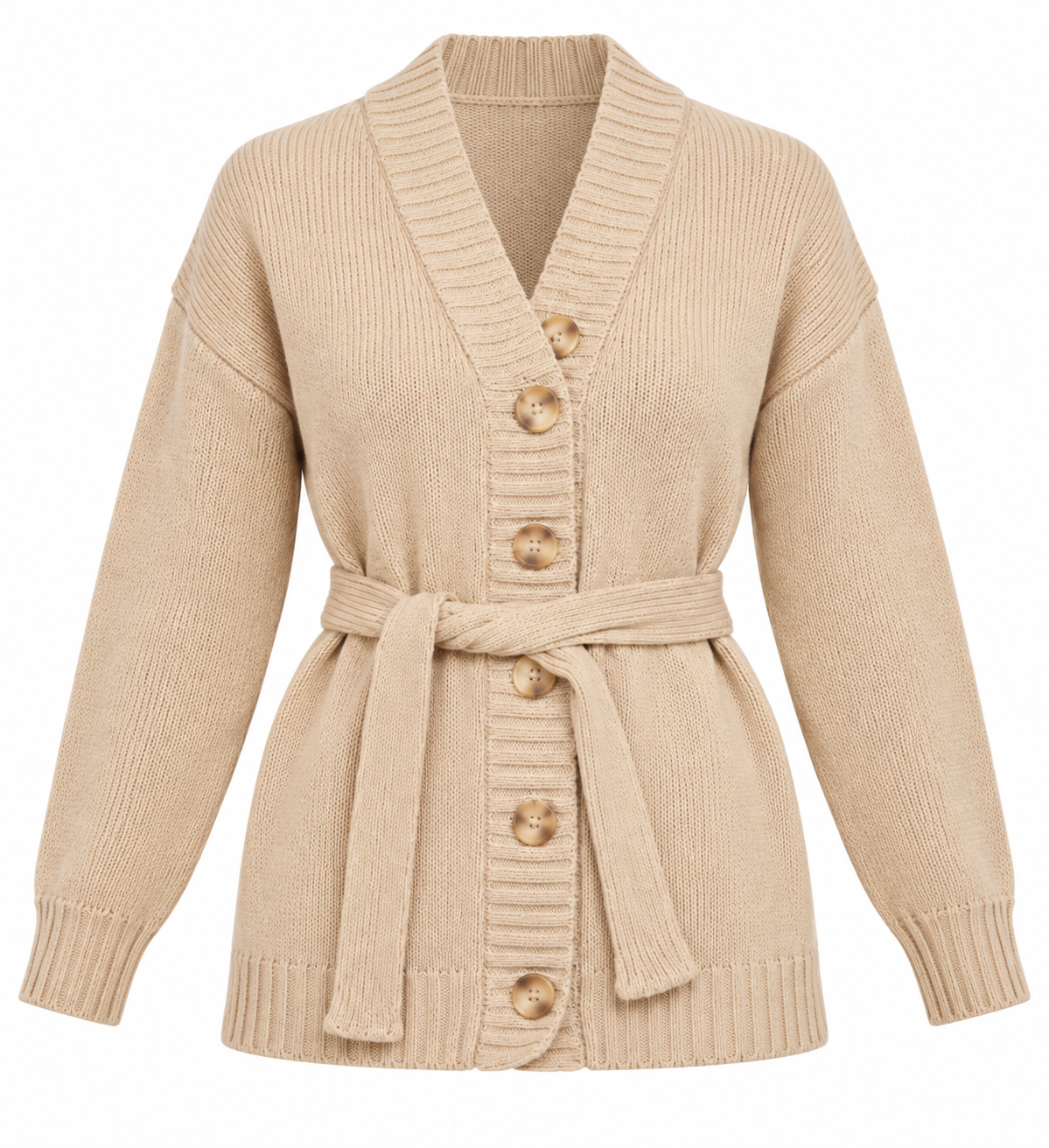 ASOS women’s beige belted knit cardigan in UK Size S. Stylish V-neck, button-front design with long sleeves and tie waist. 4-star rated.