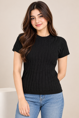 ASOS Women Black Ribbed Knit Short Sleeve Top