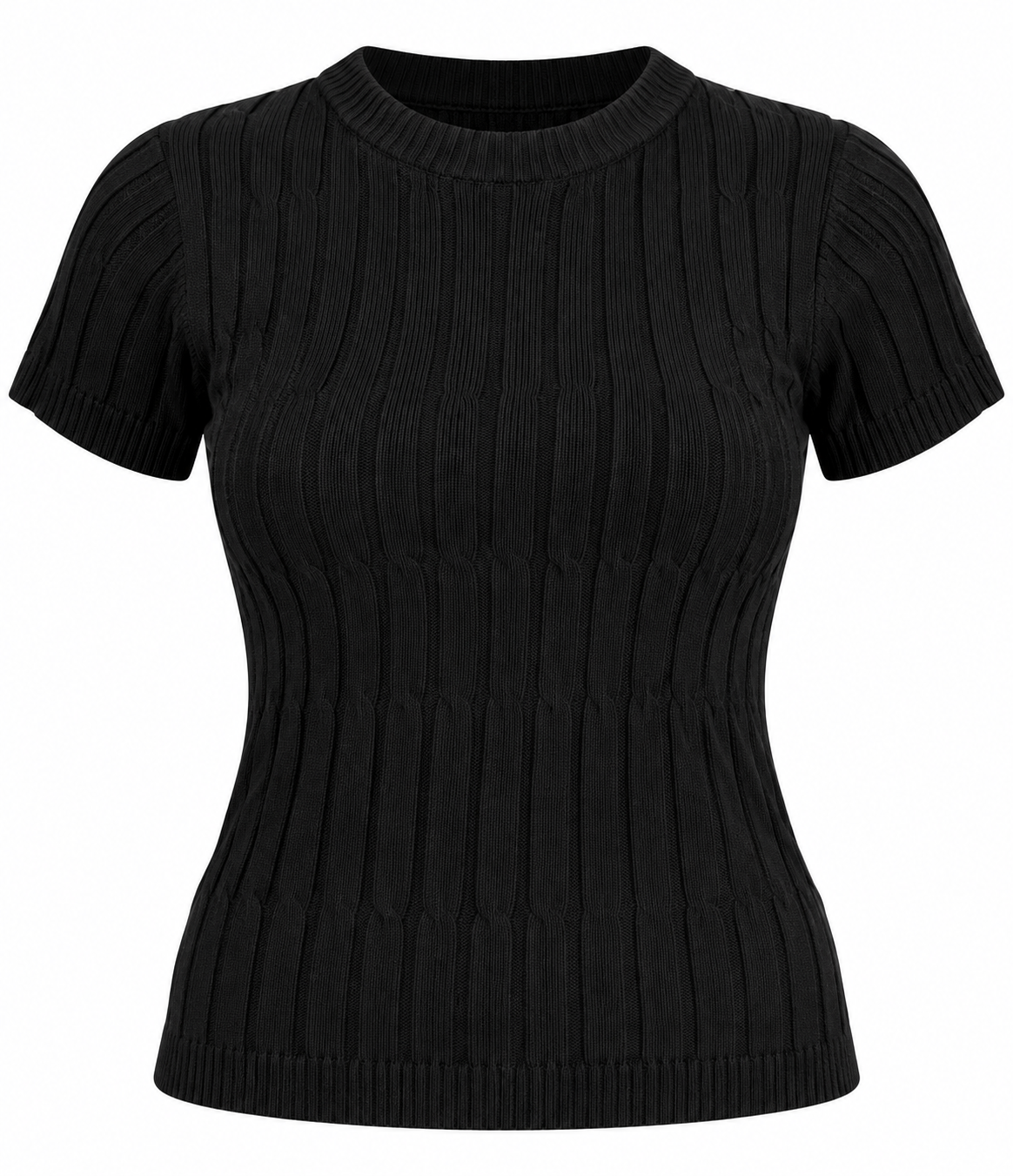 ASOS women’s black ribbed knit short sleeve top in UK Size M. A stylish fitted crew-neck top ideal for casual, everyday and smart-casual wear.