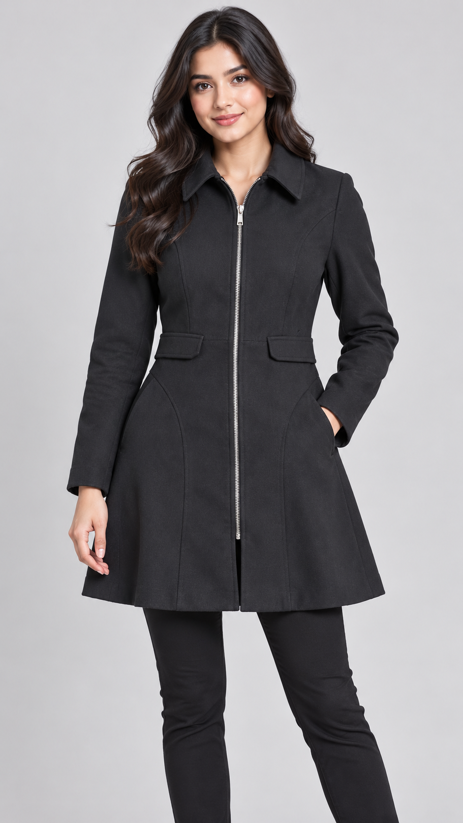  ASOS women’s charcoal black fitted coat in UK Small, featuring a silver-tone zip, pointed collar, long sleeves and gently flared hem.