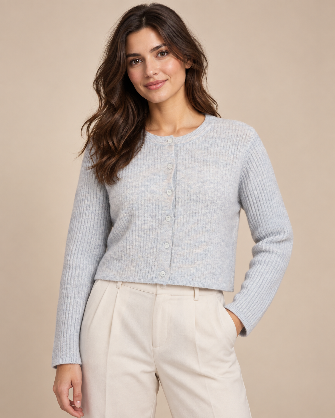  this ASOS light grey ribbed knit button cardigan in UK size 18. A stylish, comfortable pre-loved layer for everyday outfits.