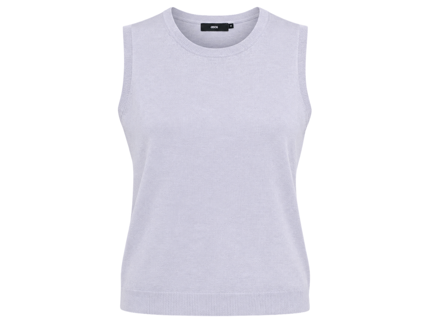  ASOS women’s lilac sleeveless knitted top in UK size M. Featuring a round neckline and ribbed hem, perfect for stylish casual and everyday outfits.
