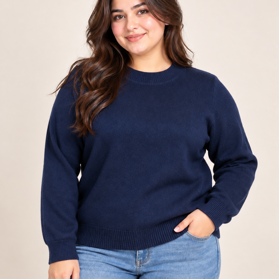 ASOS women’s navy blue crew neck knit sweater in UK Size L. A versatile long-sleeve knit with ribbed detailing, ideal for casual and winter wear.