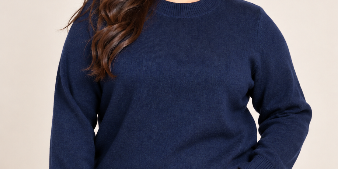 ASOS women’s navy blue crew neck knit sweater in UK Size L. A versatile long-sleeve knit with ribbed detailing, ideal for casual and winter wear.