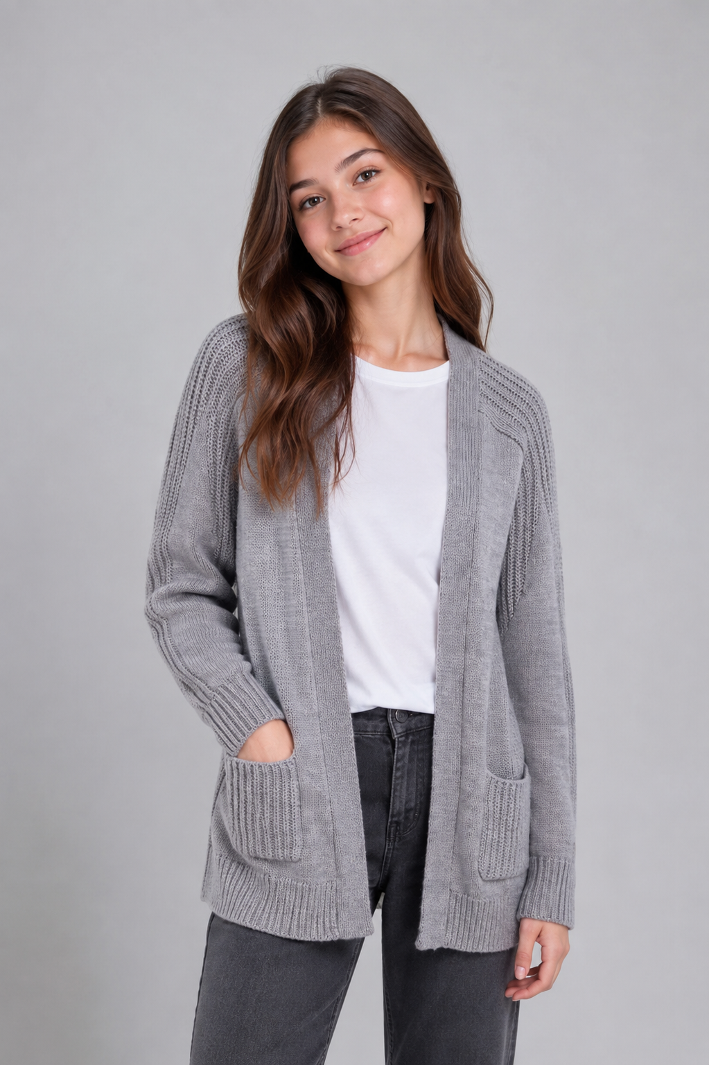 ASOS women’s grey knitted cardigan in UK size 6. Open-front design with long sleeves, textured knit and practical front pockets.