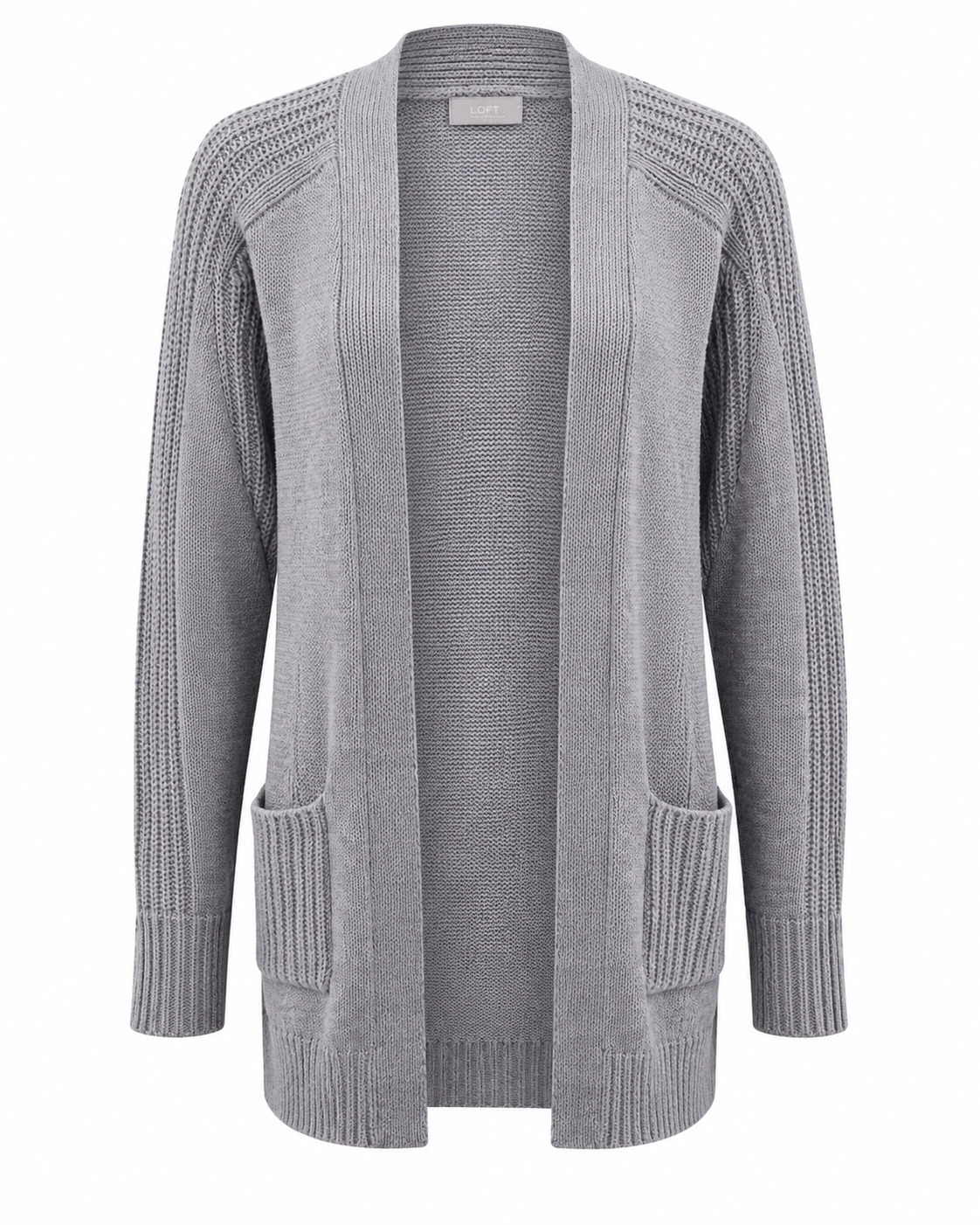 ASOS women’s grey knitted cardigan in UK size 6. Open-front design with long sleeves, textured knit and practical front pockets.