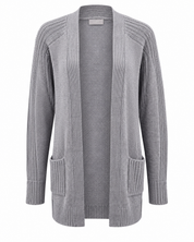ASOS women’s grey knitted cardigan in UK size 6. Open-front design with long sleeves, textured knit and practical front pockets.