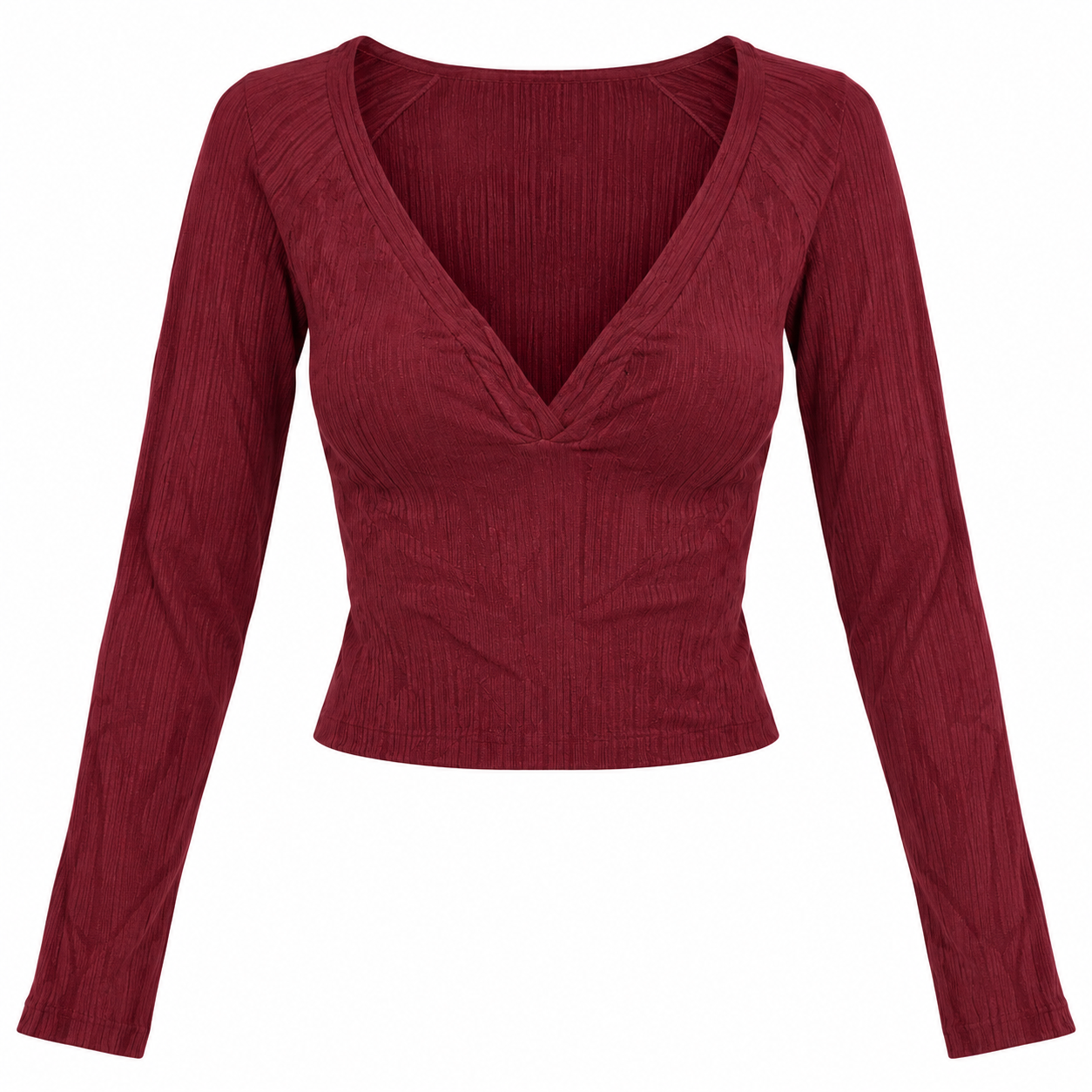 ASOS Women's Burgundy Ribbed V-Neck Cropped Top in UK Size 12. Stylish long sleeves, fitted design and elegant ribbed texture for everyday wear.