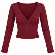 ASOS Women's Burgundy Ribbed V-Neck Cropped Top in UK Size 12. Stylish long sleeves, fitted design and elegant ribbed texture for everyday wear.