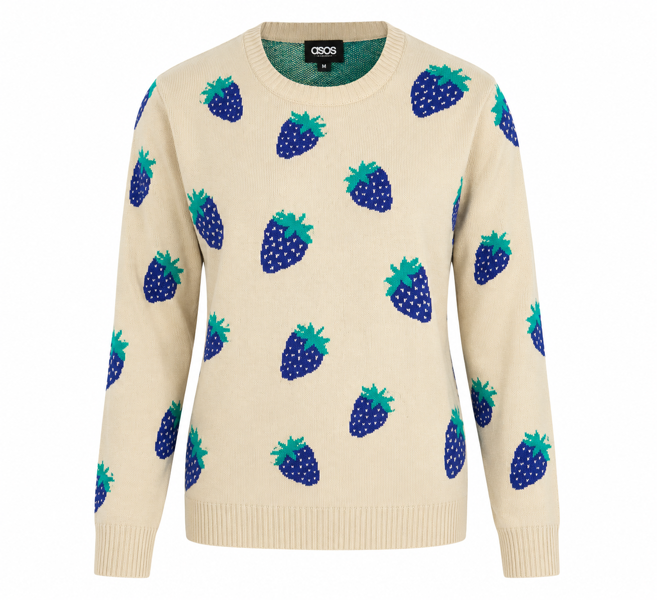  ASOS Women's Cream Strawberry Print Knit Sweater in Size M. Soft knit fabric, crew neck, long sleeves, and a stylish strawberry pattern make it perfect for casual autumn and winter outfits.
