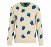  ASOS Women's Cream Strawberry Print Knit Sweater in Size M. Soft knit fabric, crew neck, long sleeves, and a stylish strawberry pattern make it perfect for casual autumn and winter outfits.