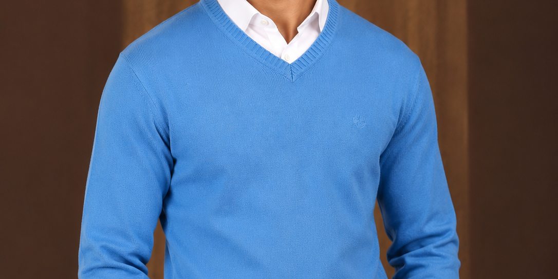  ATLANTIC BAY Men’s Sky Blue V-Neck Sweater, a stylish knitted pullover with ribbed trims, perfect for office wear, smart-casual outfits and effortless layering.