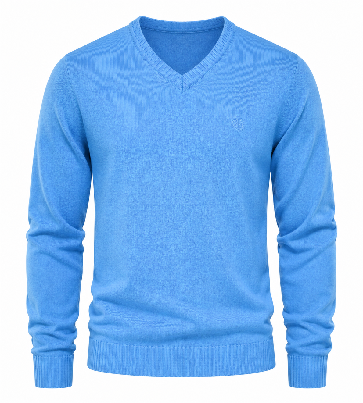  ATLANTIC BAY Men’s Sky Blue V-Neck Sweater, a stylish knitted pullover with ribbed trims, perfect for office wear, smart-casual outfits and effortless layering.