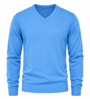  ATLANTIC BAY Men’s Sky Blue V-Neck Sweater, a stylish knitted pullover with ribbed trims, perfect for office wear, smart-casual outfits and effortless layering.