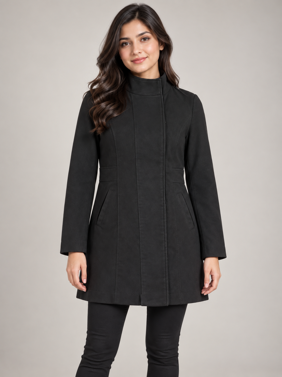   Atmosphere black long zip-up coat in UK size 18. Featuring a high collar, long sleeves, concealed zip fastening and angled pockets.