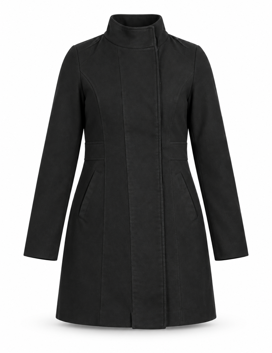   Atmosphere black long zip-up coat in UK size 18. Featuring a high collar, long sleeves, concealed zip fastening and angled pockets.