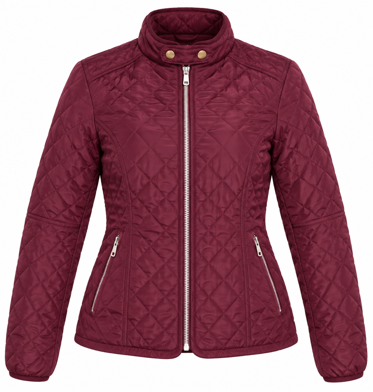 ATMOSPHERE burgundy quilted jacket in UK Size S. Stylish zip-up design with stand collar, long sleeves and zipped pockets. Ideal for everyday wear.