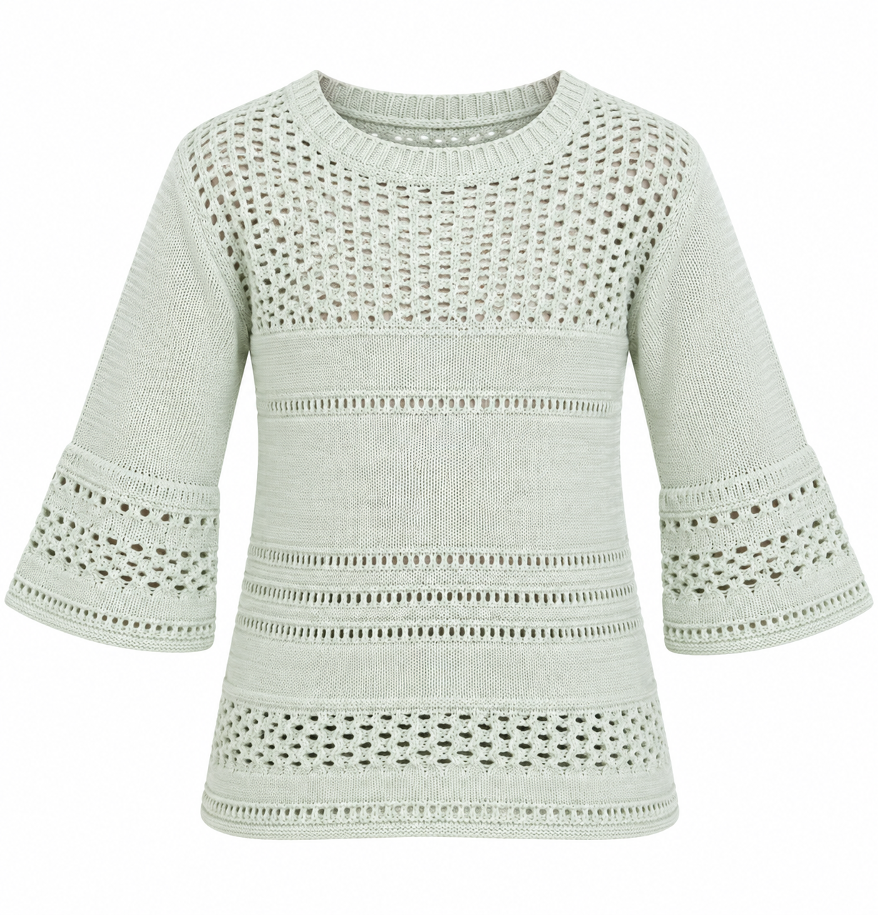 ATMOSPHERE openwork knit jumper in UK Size XS. Stylish pale mint knit with flared sleeves and crochet-style detailing for casual layering.