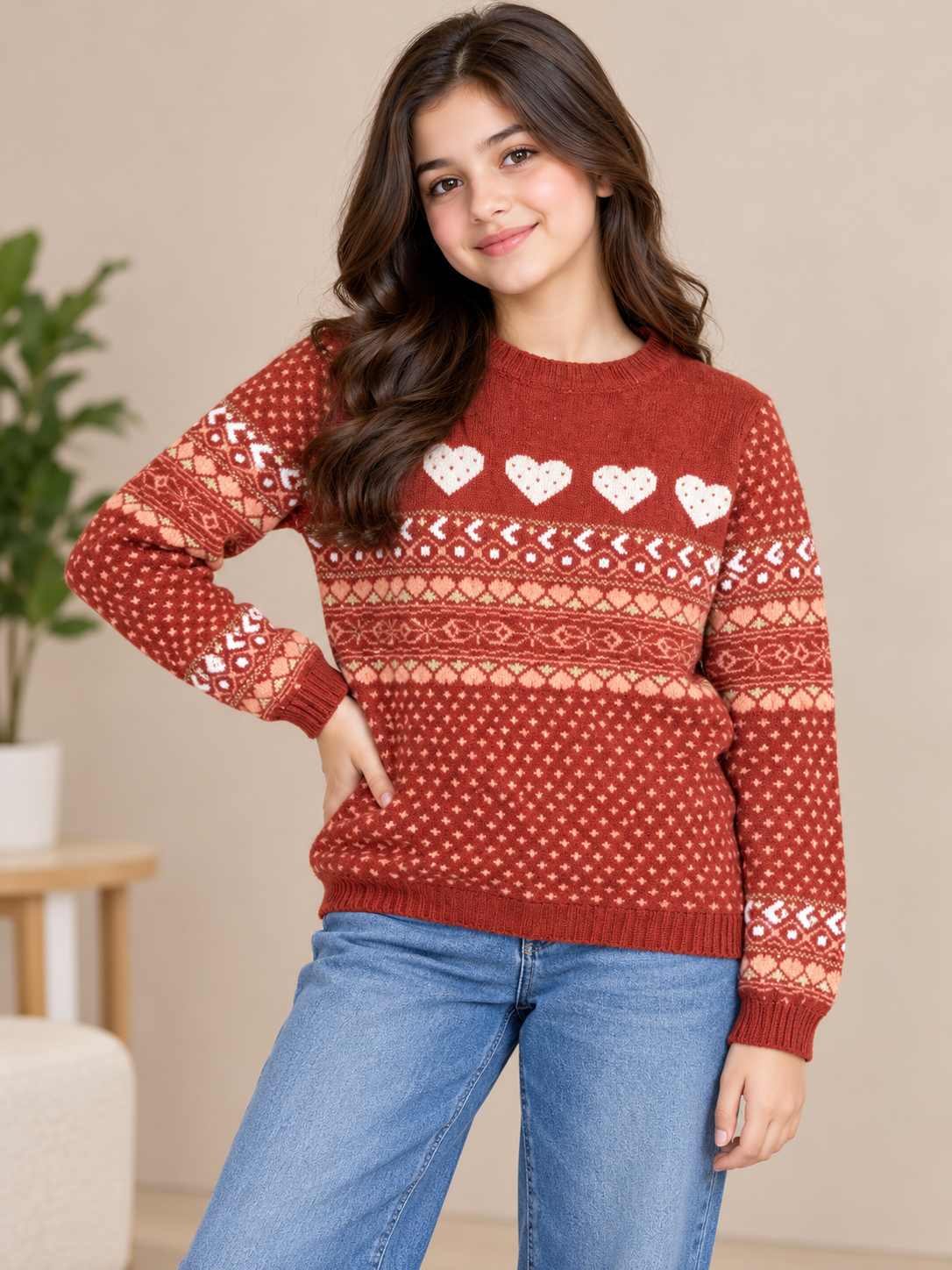  Atmosphere Rust Red Fair Isle Heart Knitted Jumper in UK Size 12. Cosy winter knitwear featuring white hearts and festive patterns. Shop now!