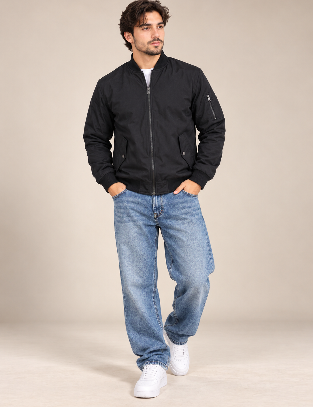  ATMOSPHERE Men's Black Bomber Jacket in UK XL. Full zip, ribbed trims and stylish pockets. Chest 22", length 32". Casual everyday outerwear.