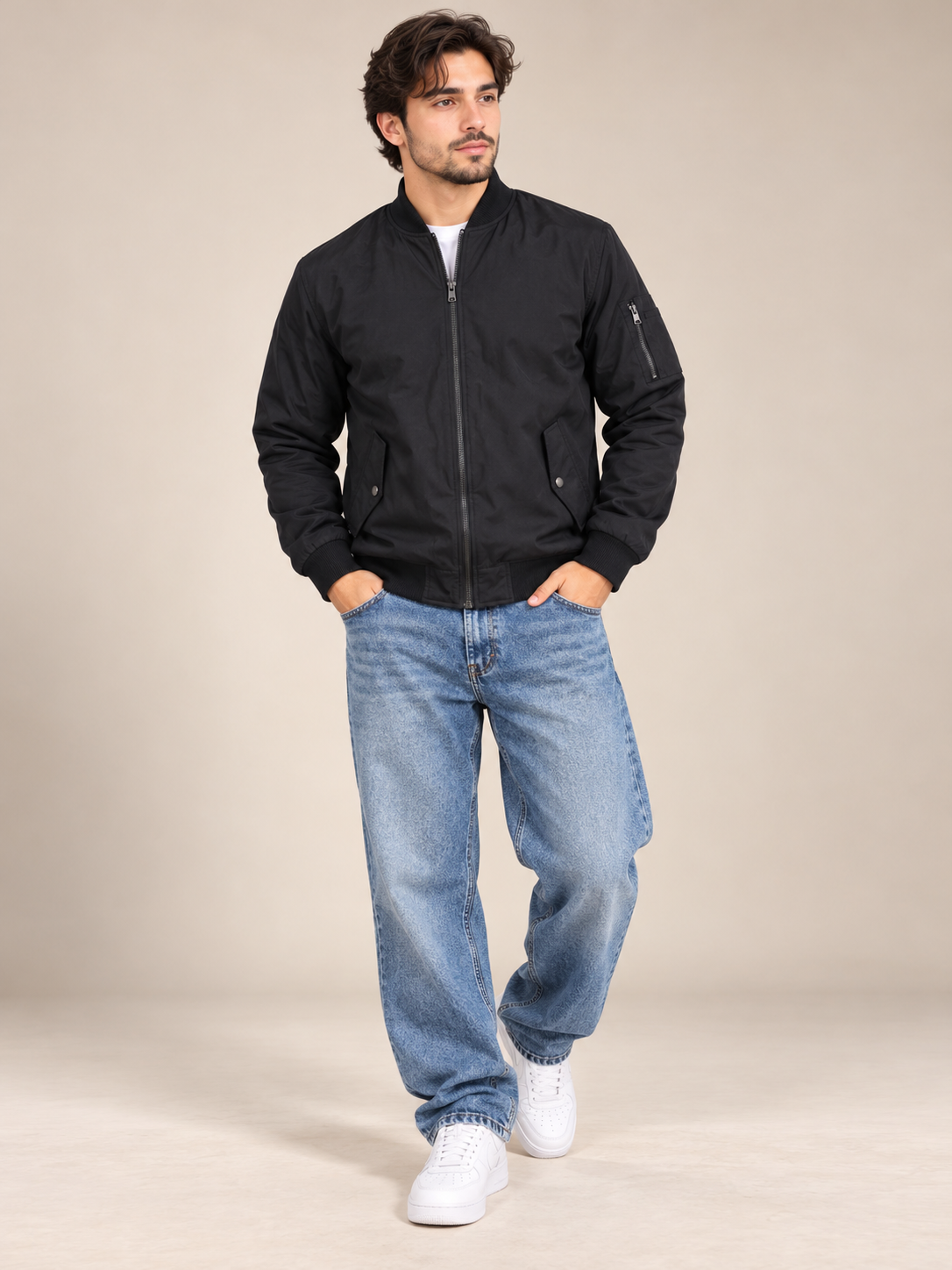  ATMOSPHERE Men's Black Bomber Jacket in UK XL. Full zip, ribbed trims and stylish pockets. Chest 22", length 32". Casual everyday outerwear.