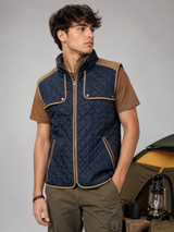 Atmosphere Men’s Navy Blue Quilted Gilet Vest with Tan Trim