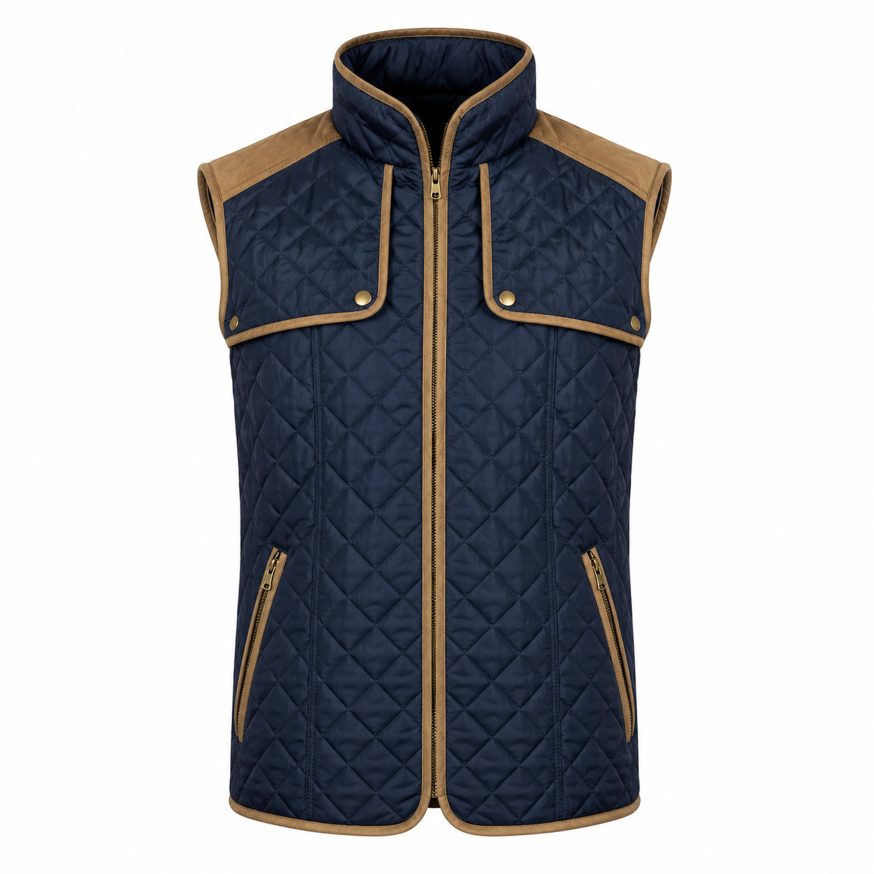 Atmosphere men’s navy blue quilted gilet in UK size M, featuring tan trim, multiple pockets and a stylish outdoor camper-inspired design.