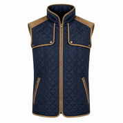  Atmosphere men’s navy blue quilted gilet in UK size M, featuring tan trim, multiple pockets and a stylish outdoor camper-inspired design.