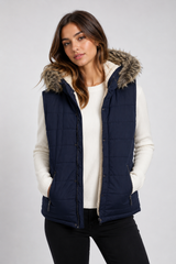 Atmosphere Navy Blue Faux Fur Hooded Quilted Puffer Gilet