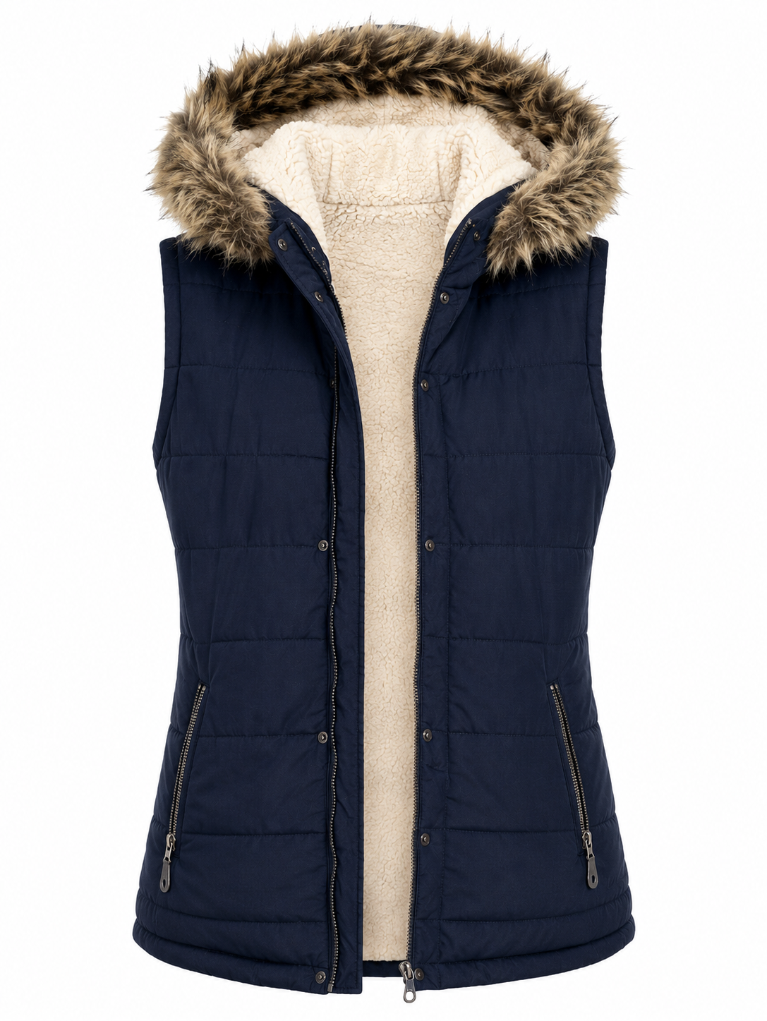 Atmosphere women's navy blue quilted puffer gilet in UK size 20, featuring a faux-fur hood, cosy sherpa lining and zipped pockets.
