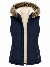 Atmosphere women's navy blue quilted puffer gilet in UK size 20, featuring a faux-fur hood, cosy sherpa lining and zipped pockets.