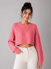 ATMOSPHERE pink cable knit cropped sweater in UK Size XL. Featuring textured cable-knit detailing, long sleeves and a stylish cropped fit, perfect for casual outfits.