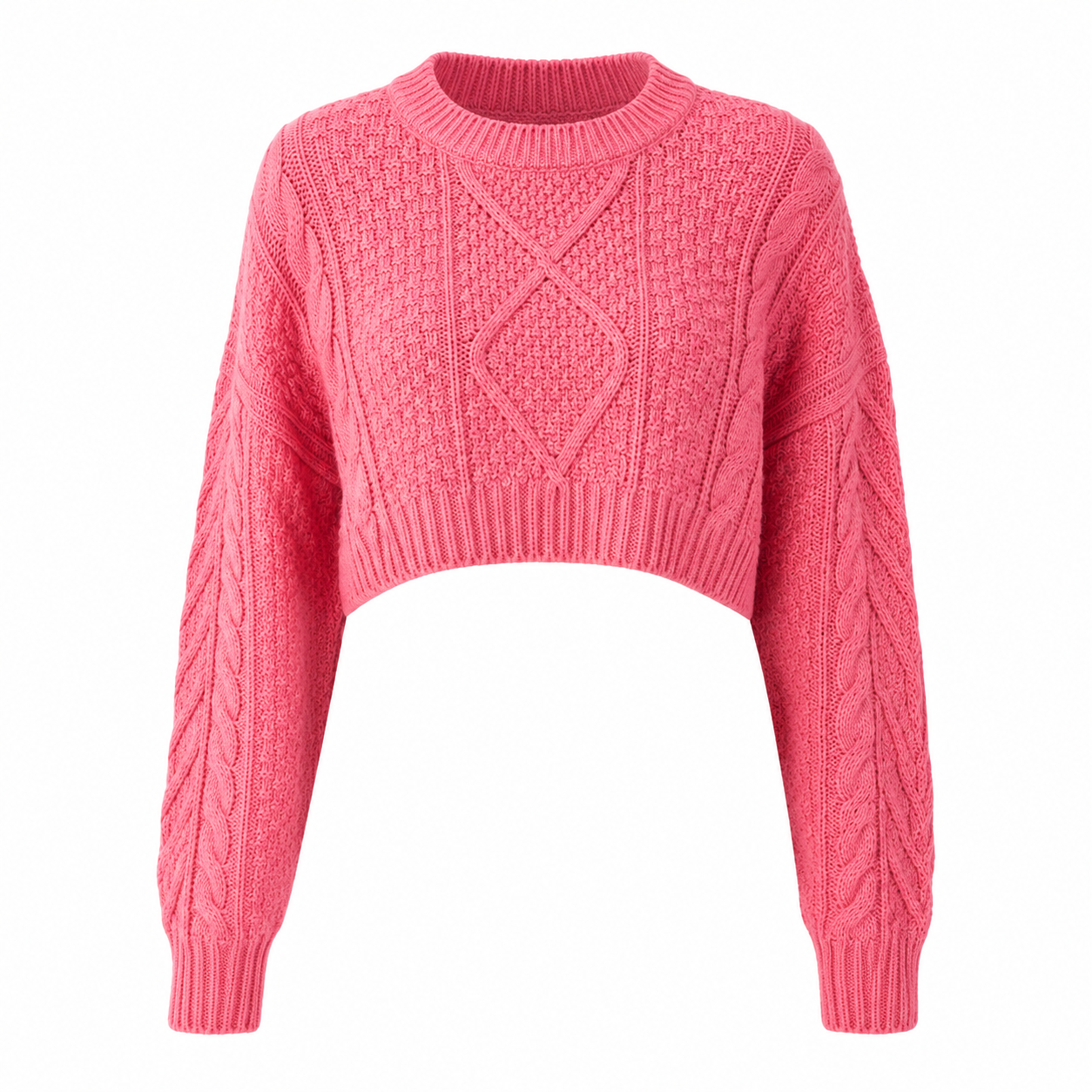 ATMOSPHERE pink cable knit cropped sweater in UK Size XL. Featuring textured cable-knit detailing, long sleeves and a stylish cropped fit, perfect for casual outfits.