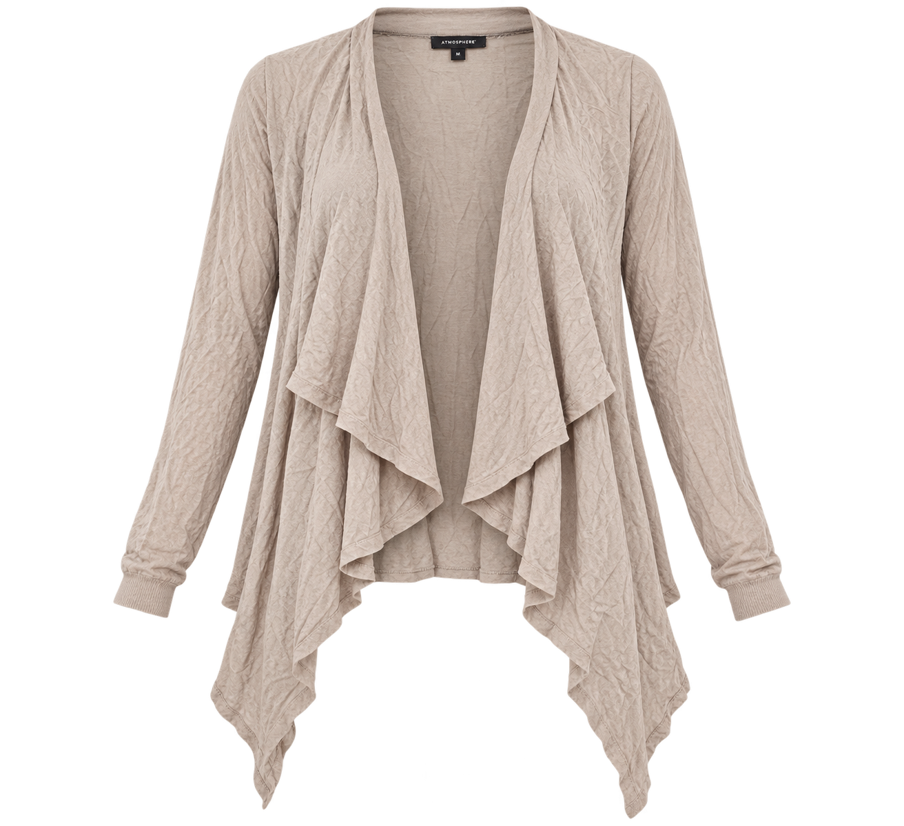 ATMOSPHERE women’s beige waterfall cardigan in UK Size M. Stylish open-front design with long sleeves and a relaxed textured finish.