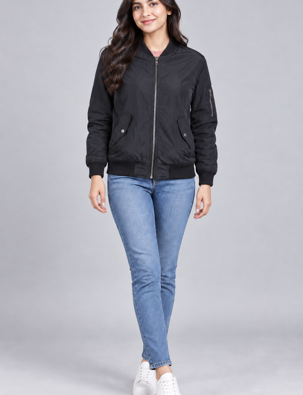  the Atmosphere women’s black bomber jacket in UK size S. Stylish zip-front design with ribbed trims, flap pockets and pink lining—perfect for everyday layering.