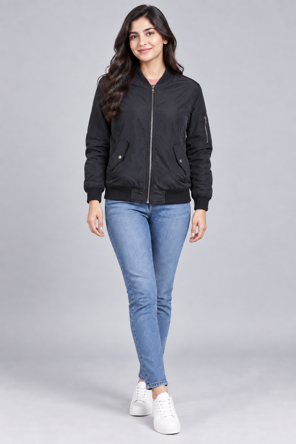  the Atmosphere women’s black bomber jacket in UK size S. Stylish zip-front design with ribbed trims, flap pockets and pink lining—perfect for everyday layering.