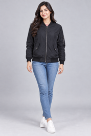  the Atmosphere women’s black bomber jacket in UK size S. Stylish zip-front design with ribbed trims, flap pockets and pink lining—perfect for everyday layering.