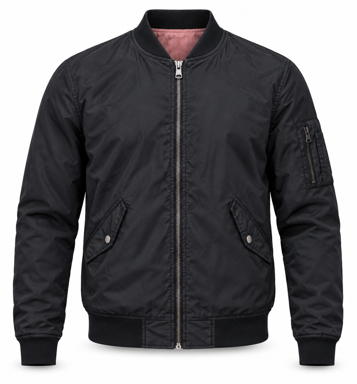  the Atmosphere women’s black bomber jacket in UK size S. Stylish zip-front design with ribbed trims, flap pockets and pink lining—perfect for everyday layering.