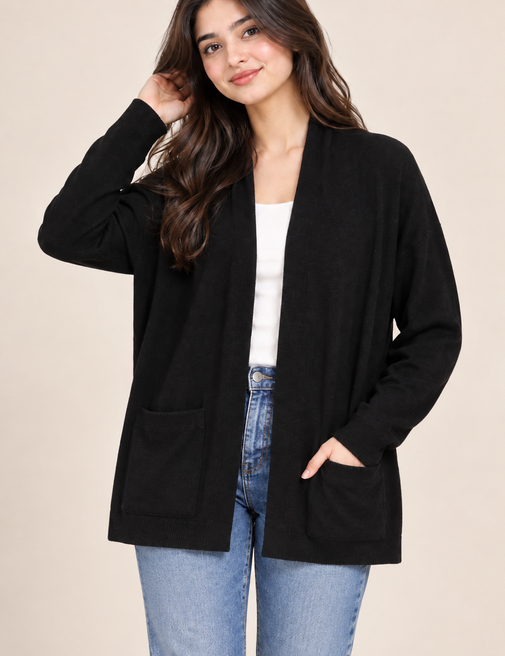ATMOSPHERE women’s black open-front cardigan in UK Size S. Featuring long sleeves, front pockets and a comfortable relaxed fit for everyday layering.