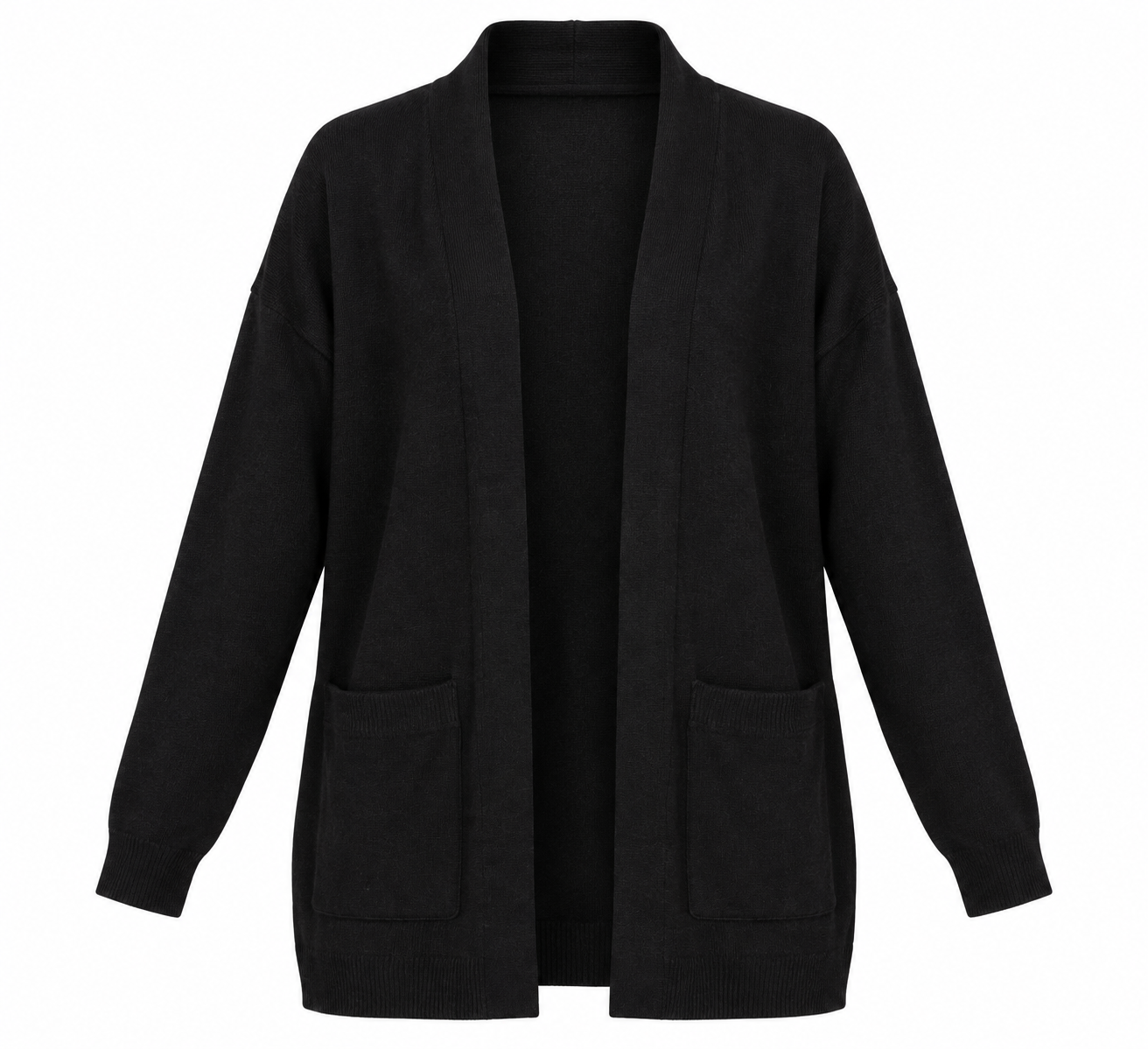 ATMOSPHERE women’s black open-front cardigan in UK Size S. Featuring long sleeves, front pockets and a comfortable relaxed fit for everyday layering.