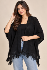 Atmosphere Women Black Open-Knit Fringe Poncho Cardigan