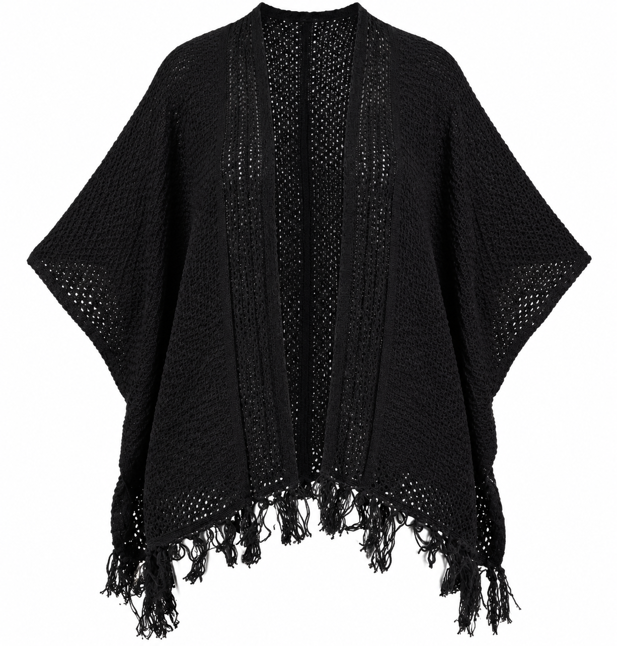  Atmosphere women’s black open-knit fringe poncho cardigan in UK Size M. Stylish relaxed layering piece with tassel hem and versatile design.