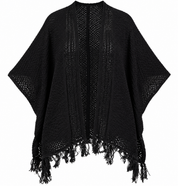  Atmosphere women’s black open-knit fringe poncho cardigan in UK Size M. Stylish relaxed layering piece with tassel hem and versatile design.