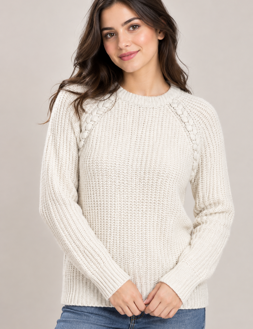  Atmosphere women’s cream chunky knit jumper in UK Size 12. Cosy textured knit with cable shoulder detailing, ideal for autumn and winter wear.