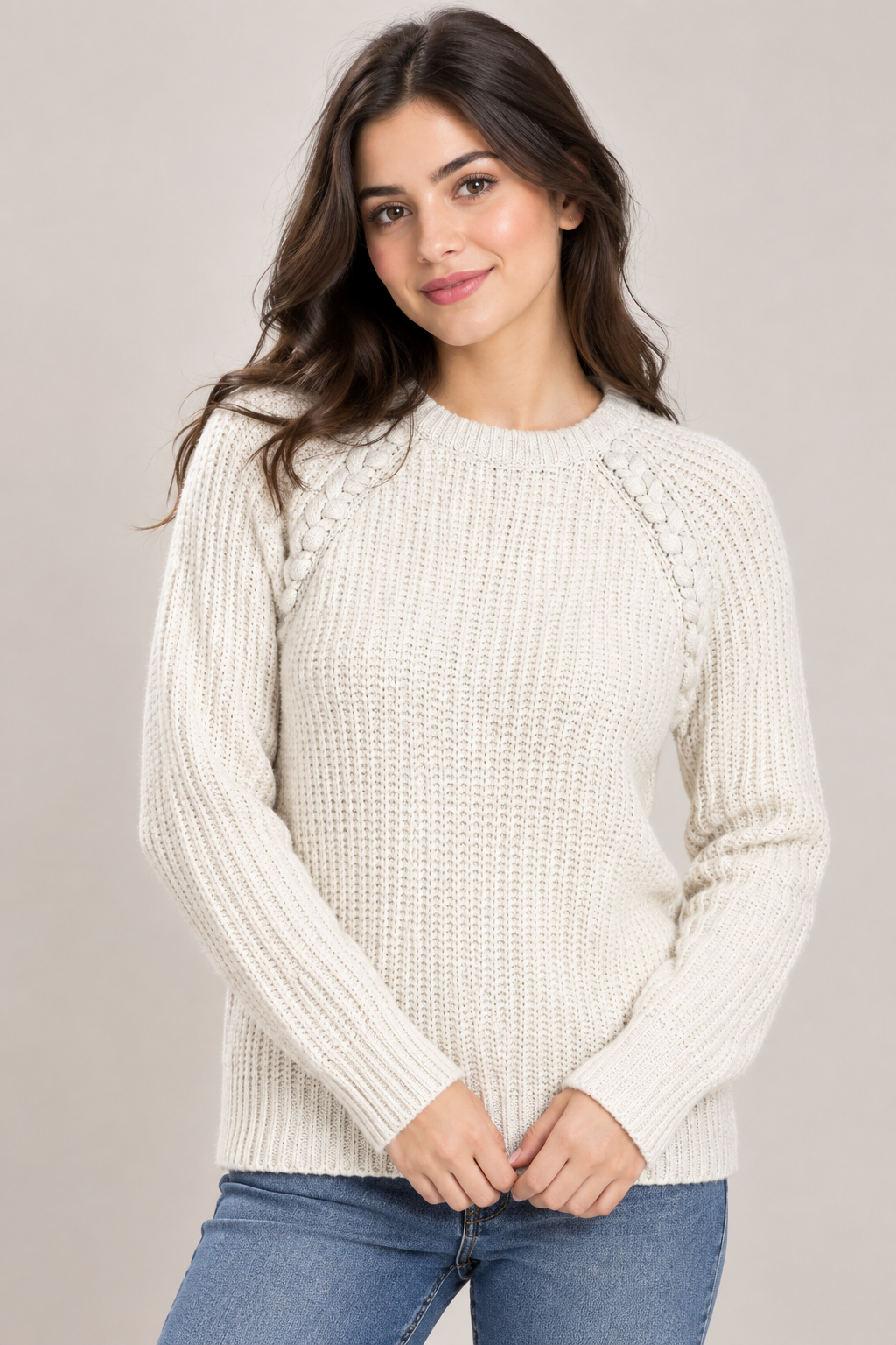  Atmosphere women’s cream chunky knit jumper in UK Size 12. Cosy textured knit with cable shoulder detailing, ideal for autumn and winter wear.