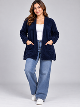 Atmosphere Women Dark Navy Blue Fluffy Knit Open Front Cardigan with Pockets