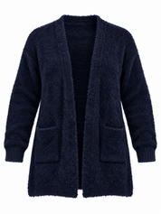 Atmosphere Women's Dark Navy Blue Fluffy Knit Cardigan in UK XL. Open front, two pockets, 27-inch chest and 29-inch length. Cosy winter style.