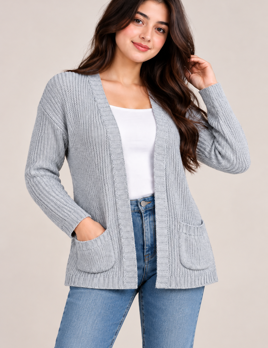 ATMOSPHERE women’s grey knitted open-front cardigan in UK Size S. Features long sleeves, ribbed trims and front pockets. Stylish everyday layering.